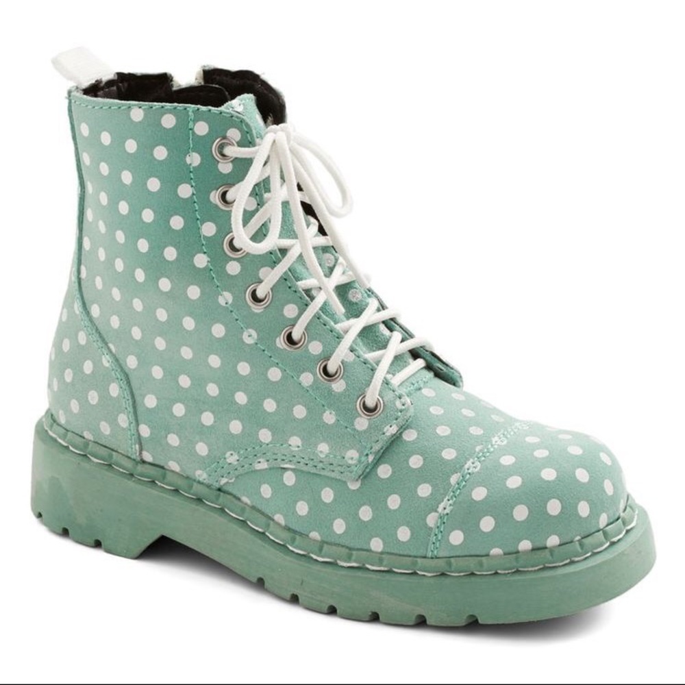 Modcloth T.U.K blue polka dot boots, size 6